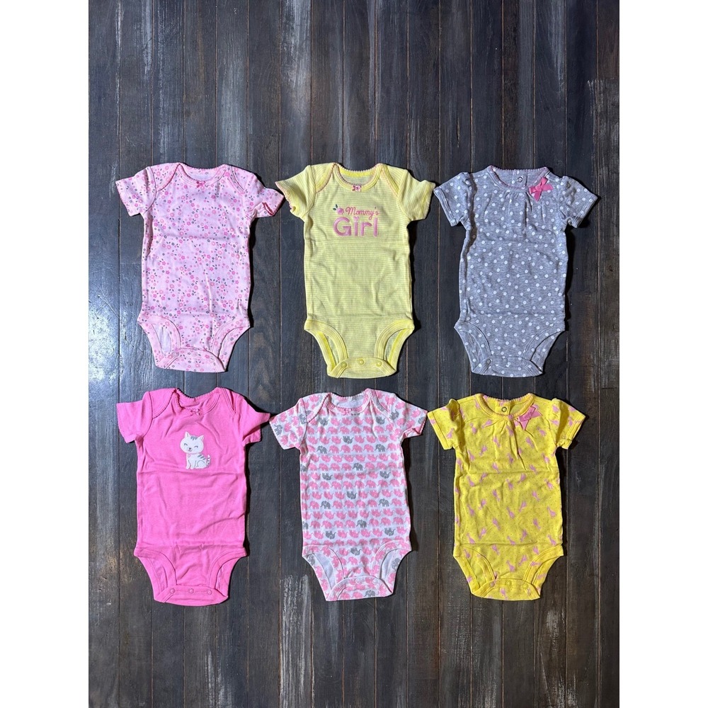 Carters Baby Girl 6 Pack Short Sleeve Bodysuits Pink Yellow Grey Floral Cat